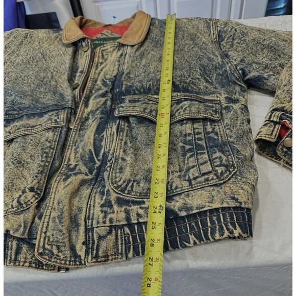VTG Hill & Archer Trucker Jacket Acid Wash Denim Leather Collar‎ Mens XL Zip